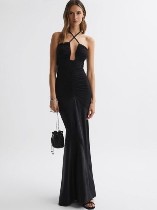 REISS THALIA FITTED PLUNGE NECK SATIN MAXI DRESS in BLACK ~ strappy plunging evening dresses ~ ruched detail occasion clothing ~ glamorous special event clothes ~ party glamour