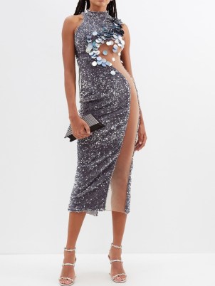 GERMANIER Paillette-embellished cutout jersey midi dress in silver / semi sheer sequinned occasion dresses / glamorous bodycon / women’s luxury party clothing / evening glamour - flipped