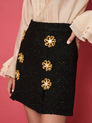 sister jane Zoya Tweed Mini Skirt in Coal Black / floral embellished skirts - flipped
