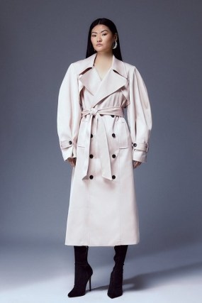 KAREN MILLEN Tailored Satin Maxi Belted Trench Coat in Blush – pale pink balloon sleeve coats - flipped
