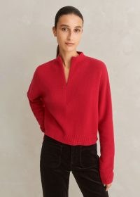 me and em Ultra-Soft Lofty Cashmere Cropped Jumper in Scarlet – red relaxed crop hem half zip jumpers – women’s luxe knitwear – luxury soft feel pullover