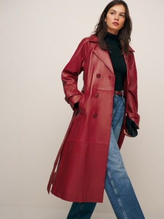 Reformation Veda Ashland Leather Trench in Sunset Strip ~ women’s luxury red tie waist coats ~ luxe outerwear - flipped