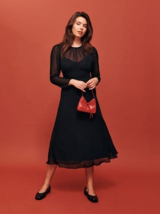 Reformation Wadeline Dress in Black – long sleeve semi sheer ladylike midi dresses – fitted bodice with an A-line skirt – chic occasion clothing - flipped