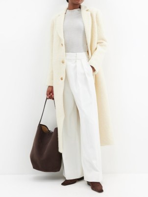 CO Single-breasted wool-blend bouclé coat in ivory ~ women’s luxe textured longline coats ~ off white winter outerwear - flipped
