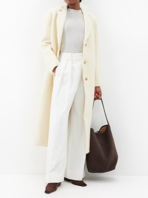 CO Single-breasted wool-blend bouclé coat in ivory ~ women’s luxe textured longline coats ~ off white winter outerwear