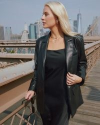 Abercrombie x Kathleen Post Boyfriend Vegan Leather Blazer in Black – womens luxe style blazers – on-trend single breasted 90s inspired jackets