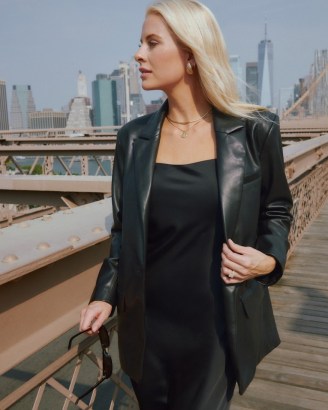 Abercrombie x Kathleen Post Boyfriend Vegan Leather Blazer in Black – womens luxe style blazers – on-trend single breasted 90s inspired jackets p