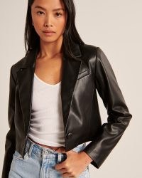 Abercrombie & Fitch Cropped Vegan Suede Shearling Jacket in Black – crop hem faux leather jackets – luxury style on-trend blazers