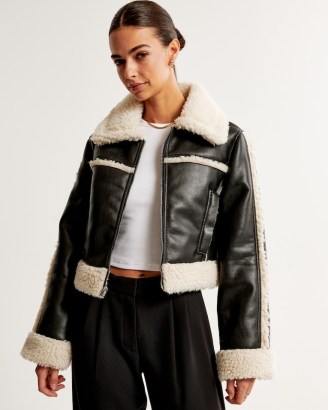 Abercrombie & Fitch Cropped Vegan Leather Shearling Jacket in Black – womens luxe style sherpa lined jackets – women’s faux fur winter outerwear p