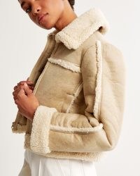 Abercrombie & Fitch Cropped Vegan Suede Shearling Jacket in Brown – sherpa lined winter jackets