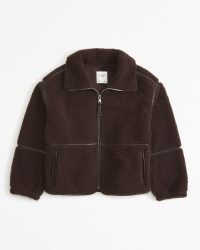 Abercrombie & Fitch Sherpa Mockneck Full-Zip in Dark Brown ~ women’s fluffy textured jackets ~ faux shearling outerwear