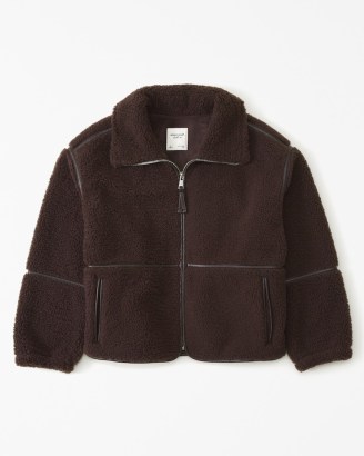 Abercrombie & Fitch Sherpa Mockneck Full-Zip in Dark Brown ~ women’s fluffy textured jackets ~ faux shearling outerwear p - flipped