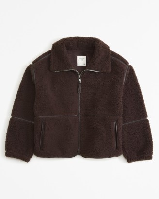 Abercrombie & Fitch Sherpa Mockneck Full-Zip in Dark Brown ~ women’s fluffy textured jackets ~ faux shearling outerwear p