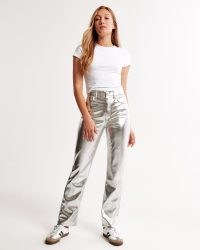 Abercrombie & Fitch Vegan Leather 90s Straight Pant in Silver – women’s luxe metallic trousers