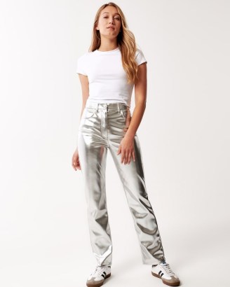 Abercrombie & Fitch Vegan Leather 90s Straight Pant in Silver – women’s luxe metallic trousers p - flipped