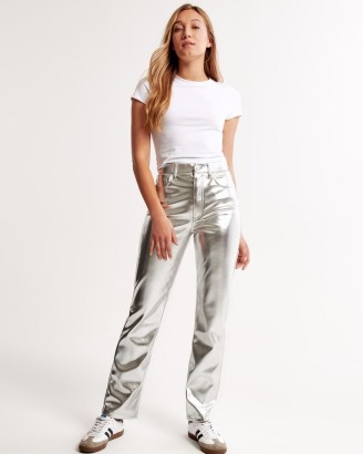 Abercrombie & Fitch Vegan Leather 90s Straight Pant in Silver – women’s luxe metallic trousers p