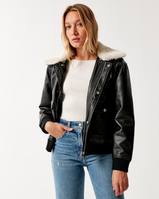 Abercrombie & Fitch Winterized Vegan Leather Bomber Jacket in Black – women’s casual faux fur collar jackets p - flipped