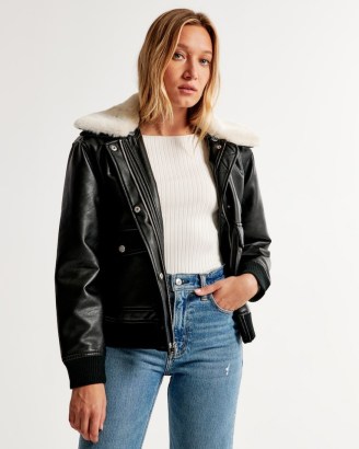 Abercrombie & Fitch Winterized Vegan Leather Bomber Jacket in Black – women’s casual faux fur collar jackets p