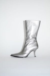 ACNE STUDIOS LEATHER HEEL BOOTS SILVER – metallic pointed toe western inspired boot – womens luxe cowboy style footwear