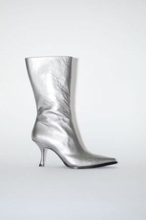 ACNE STUDIOS LEATHER HEEL BOOTS SILVER – metallic pointed toe western inspired boot – womens luxe cowboy style footwear p - flipped