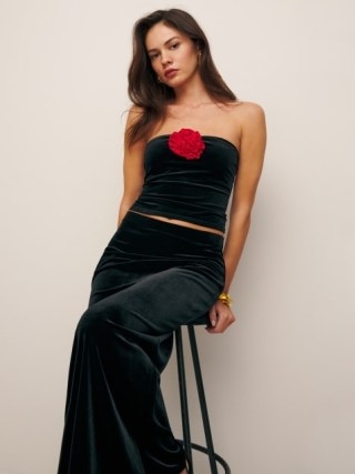 Reformation Adalynn Knit Two Piece in Black Velvet – glamorous party clothing co-ord p - flipped