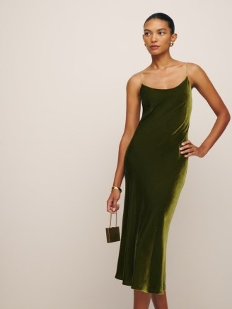 Reformation Ady Velvet Dress in Pear – green velvet chain shoulder strap evening dresses – plush jewel tone occasion fashion – chic partywear - flipped
