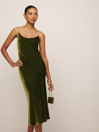 Reformation Ady Velvet Dress in Pear – green velvet chain shoulder strap evening dresses – plush jewel tone occasion fashion – chic partywear