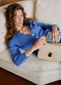 Sézane ANAELLE CARDIGAN in Blue | fluffy feminine knitwear | crochet trim cardigans | luxe style knits
