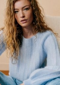sezane ARETHA JUMPER in Light Blue – fluffy puff sleeve jumpers – feminine knits p