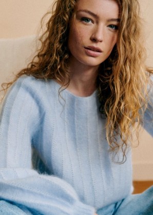 sezane ARETHA JUMPER in Light Blue – fluffy puff sleeve jumpers – feminine knits p - flipped