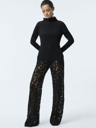 REISS LILLY ATELIER SHEER LACE WIDE LEG BLACK TROUSERS in BLACK ~ floral semi see-through evening pants - flipped