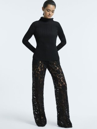 REISS LILLY ATELIER SHEER LACE WIDE LEG BLACK TROUSERS in BLACK ~ floral semi see-through evening pants