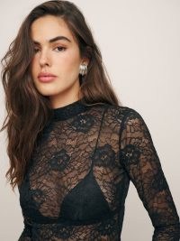 Reformation Bailey Knit Top in Black Lace / fitted long sleeve high neck semi sheer tops / floral fashion