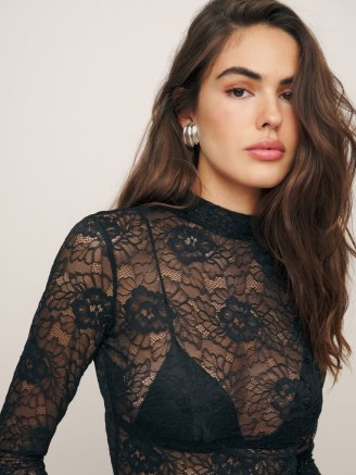 Reformation Bailey Knit Top in Black Lace / fitted long sleeve high neck semi sheer tops / floral fashion - flipped