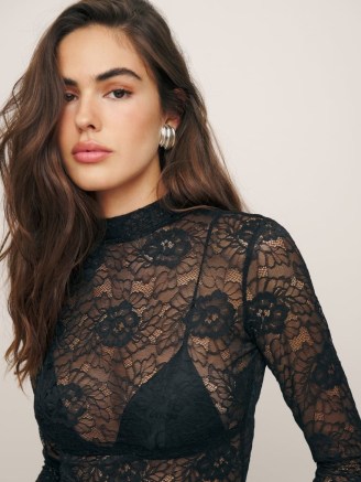 Reformation Bailey Knit Top in Black Lace / fitted long sleeve high neck semi sheer tops / floral fashion