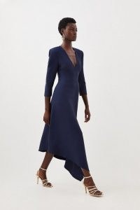 Karen Millen Bandage Figure Form Knit Belted Asymmetric Midaxi Dress Navy – dark blue plunge front asymmetrical hemline dresses p