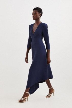 Karen Millen Bandage Figure Form Knit Belted Asymmetric Midaxi Dress Navy – dark blue plunge front asymmetrical hemline dresses p - flipped