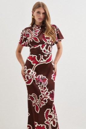 KAREN MILLEN Batik Viscose Satin Angel Sleeve Woven Midi Dress in Floral / high neck occasion dresses with flutter sleeves / silky evening event clothing p - flipped