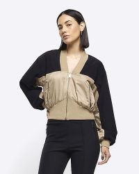 RIVER ISLAND Beige Denim Hybrid Bomber Jacket ~ women’s casual cropped zip up jackets