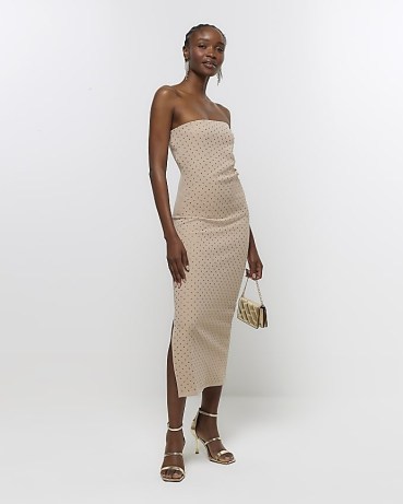 RIVER ISLAND Beige Diamante Bandeau Midi Dress ~ strapless embellished bodycon dresses ~ fitted party fashion p - flipped