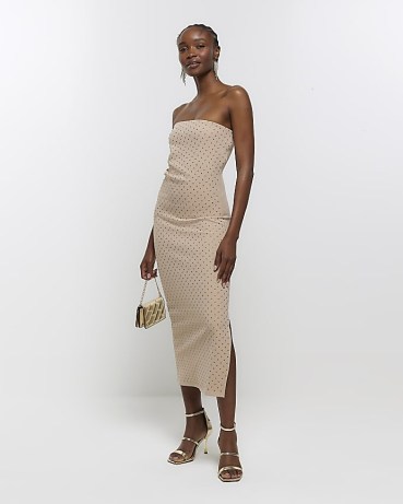 RIVER ISLAND Beige Diamante Bandeau Midi Dress ~ strapless embellished bodycon dresses ~ fitted party fashion p