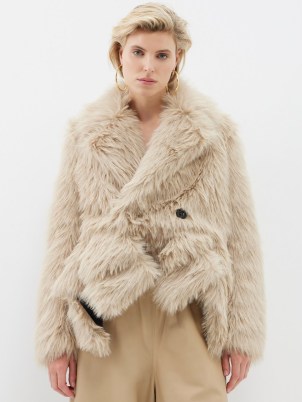 SACAI Double-breasted faux-fur coat in beige – women’s fluffy winter coats – womens luxe asymmetric hemline winter jacket