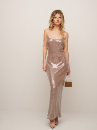 Reformation x Camille Rowe – Bevelyn Dress in Rose Gold – skinny shoulder strap maxi dresses – luxe sequinned party fashion – strappy sequin covered occasion clothing - flipped