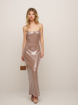 Reformation x Camille Rowe – Bevelyn Dress in Rose Gold – skinny shoulder strap maxi dresses – luxe sequinned party fashion – strappy sequin covered occasion clothing