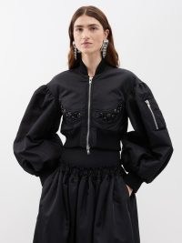 SIMONE ROCHA Black crystal-embellished satin cropped bomber jacket – women’s crop hem balloon sleeve zip up jackets