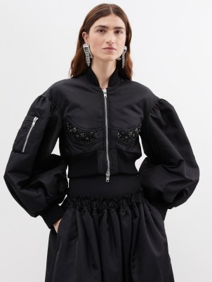 SIMONE ROCHA Black crystal-embellished satin cropped bomber jacket – women’s crop hem balloon sleeve zip up jackets p - flipped