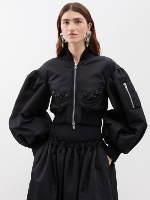 SIMONE ROCHA Black crystal-embellished satin cropped bomber jacket – women’s crop hem balloon sleeve zip up jackets p