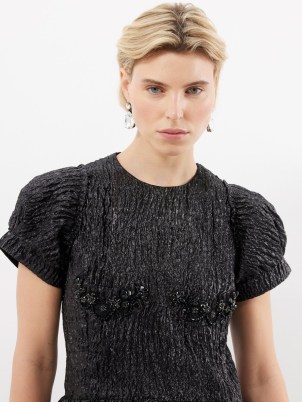 SIMONE ROCHA Crystal-flower metallic-cloqué mini dress in black – shimmering short sleeve floral detail fit and flare – sparkly short length structured dresses p - flipped