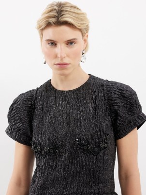 SIMONE ROCHA Crystal-flower metallic-cloqué mini dress in black – shimmering short sleeve floral detail fit and flare – sparkly short length structured dresses p