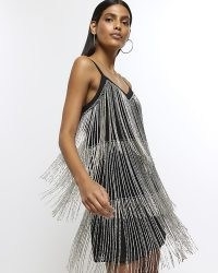 RIVER ISLAND Black Diamante Tassel Slip Mini Dress ~ strappy fringed party dresses